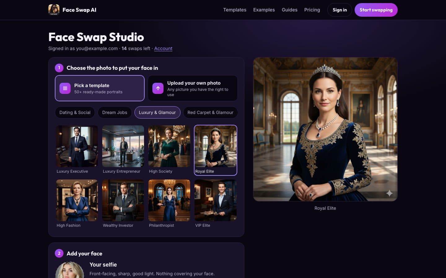 Face Swap AI studio with template categories, the Royal Elite template selected, a selfie upload step and a large preview