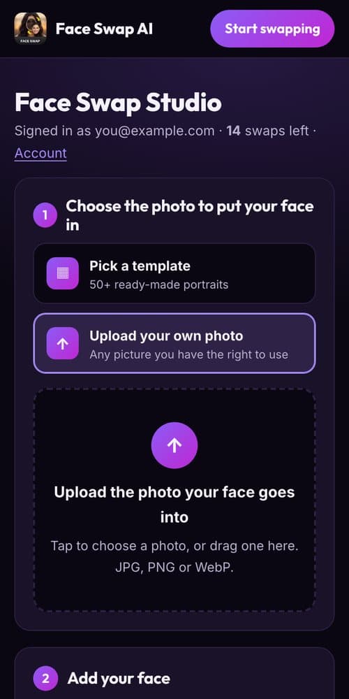 Face Swap AI studio on a phone browser with template tiles and a Take selfie button