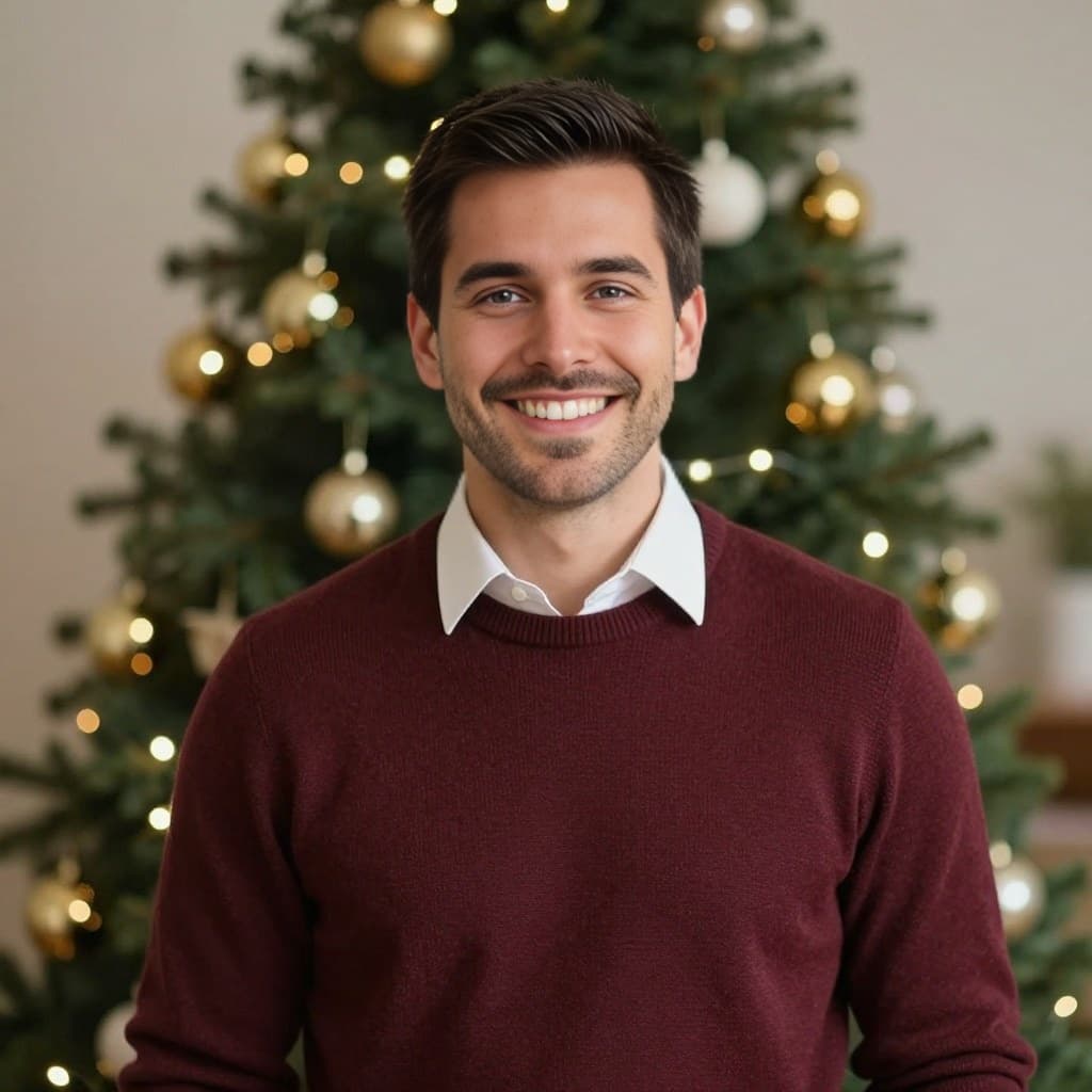 AI face swap result with the Christmas Tree (Male) template: smiling man in a burgundy sweater and white collar in front of a lit Christmas tree, with a new face