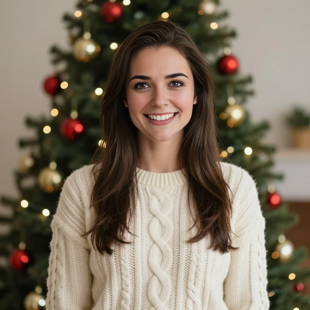 AI face swap result with the Christmas Tree (Female) template: smiling woman in a cream cable-knit sweater in front of a lit Christmas tree, with a new face