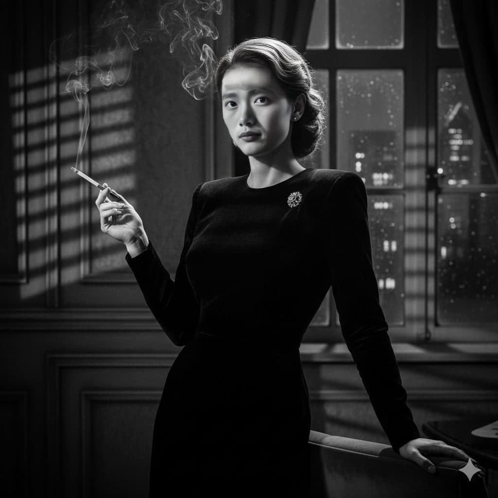 AI face swap result with the Film Noir template: black-and-white film noir portrait of a woman by a window at night, with a new face