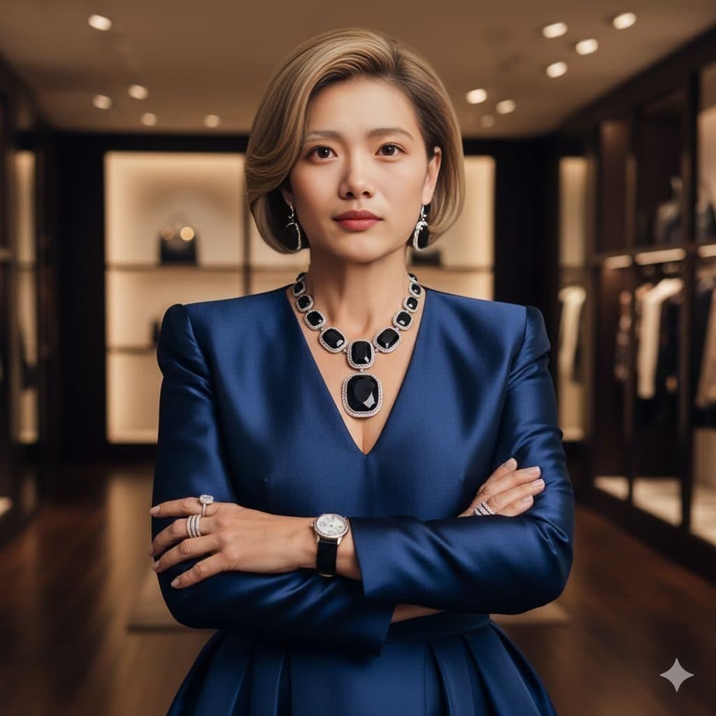 AI face swap result with the High Fashion template: woman in a royal blue dress and sapphire necklace in a boutique, with a new face