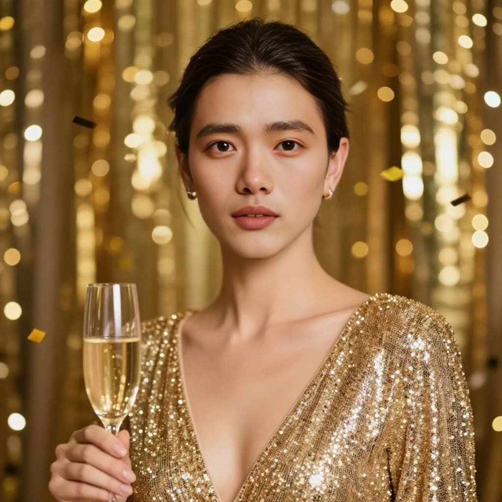 AI face swap result with the New Year's Eve Glam template: woman in a gold sequin dress holding champagne at a New Year's Eve party, with a new face