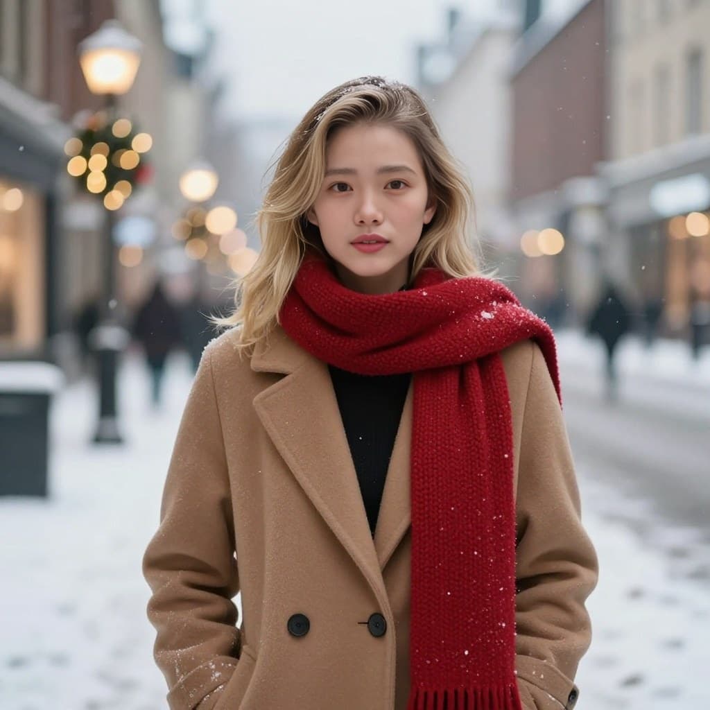 AI face swap result with the Snowy Street (Female) template: woman in a camel coat and red scarf on a snowy street with Christmas lights, with a new face