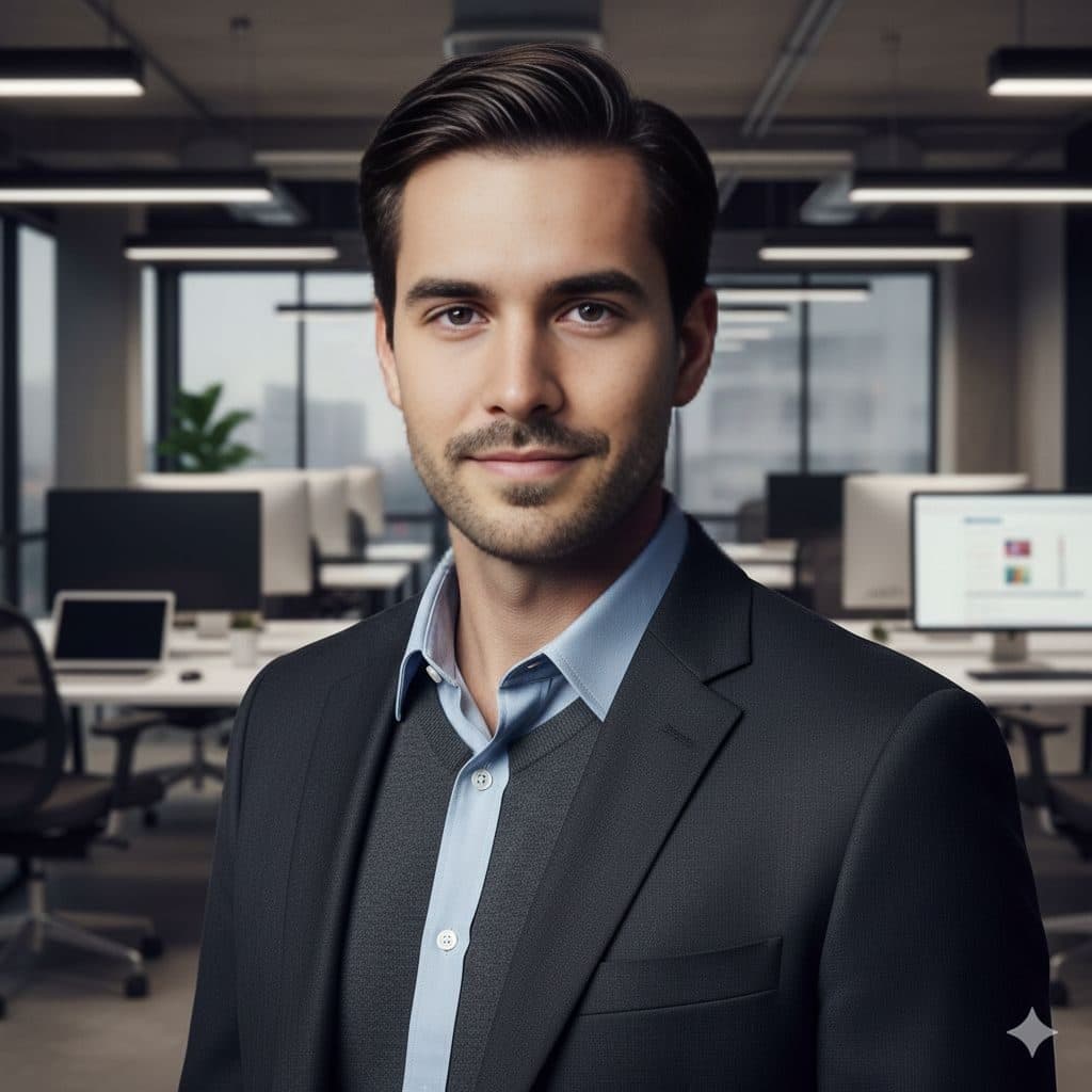 AI face swap result with the Tech Startup CEO (Male) template: man in a dark blazer in a modern office with monitors, with a new face