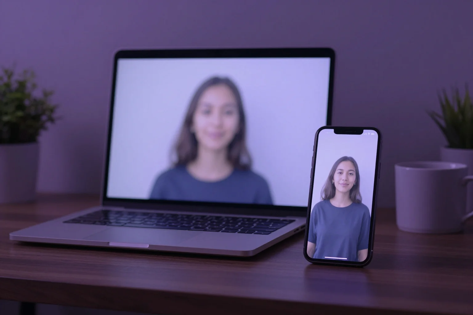 Laptop and smartphone on a desk, both screens showing a portrait of a young woman