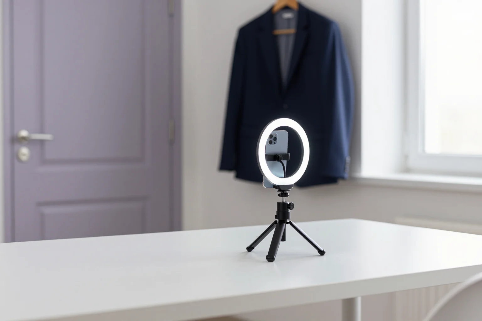 Phone on a small tripod with a ring light and a navy blazer hanging in the background