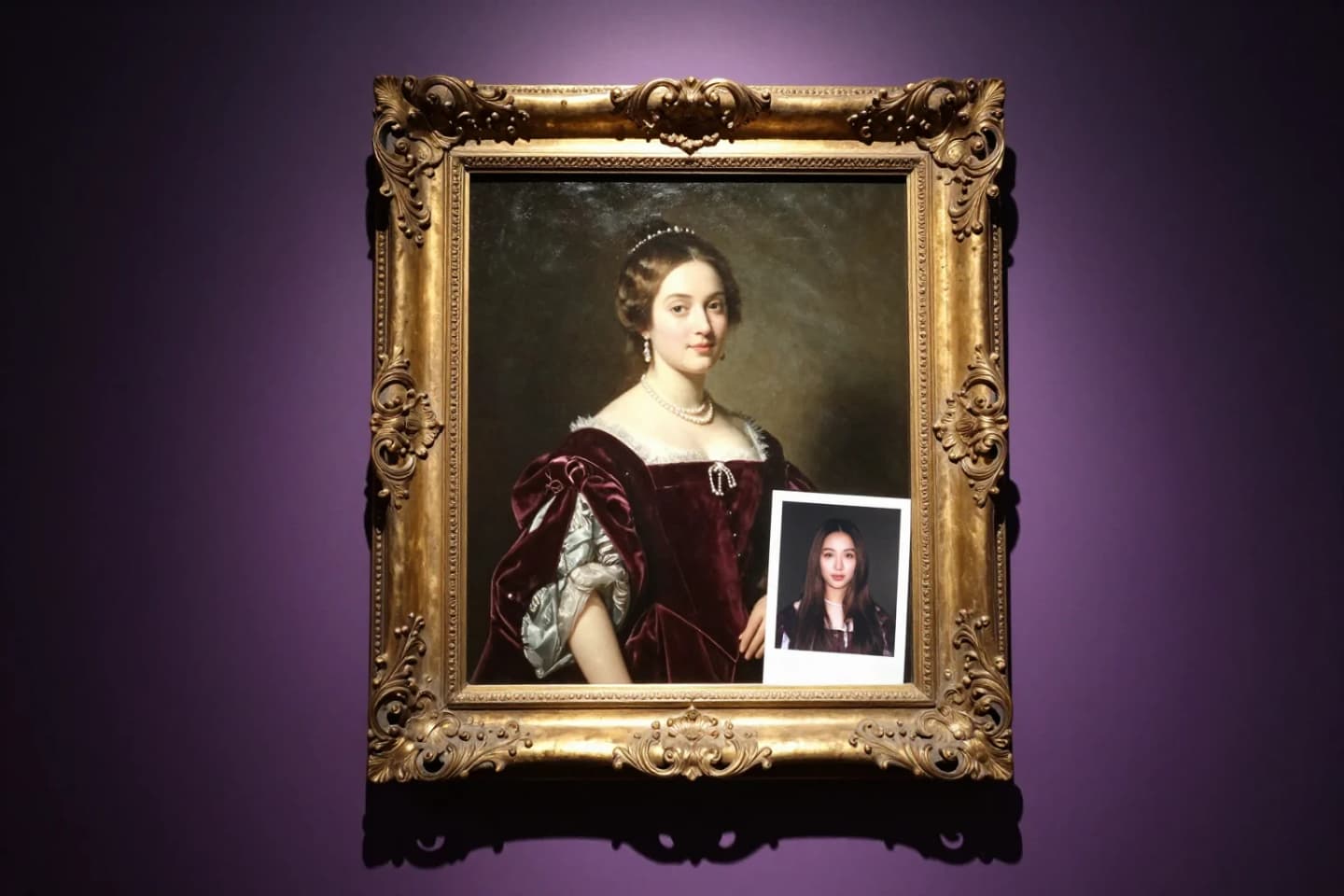 Gilded frame holding a royal-style oil portrait, with a small printed selfie tucked into the corner