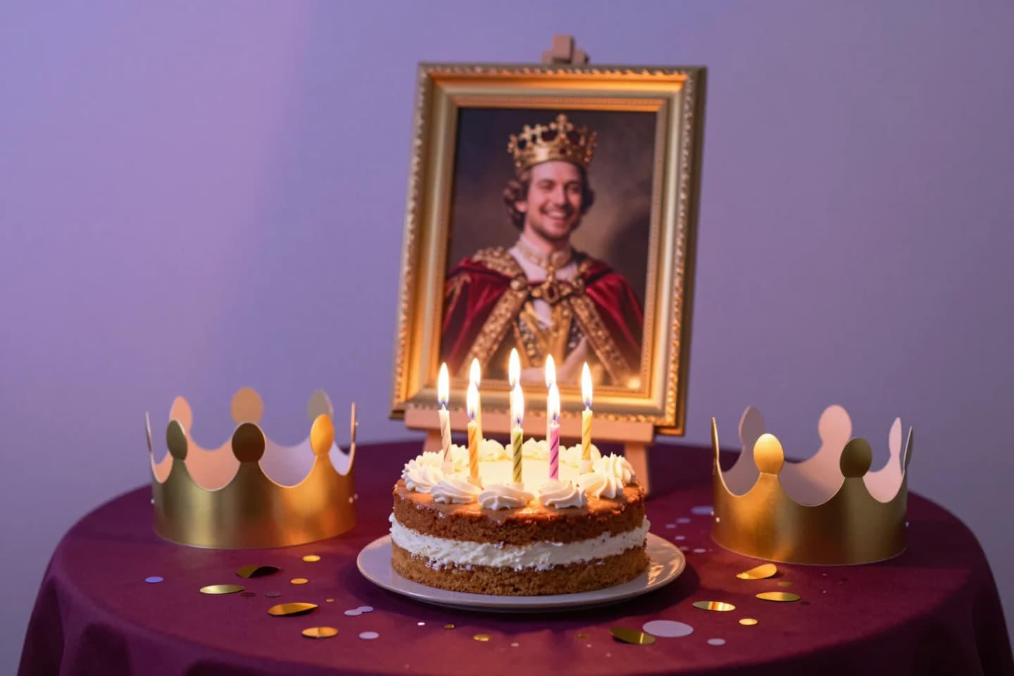 Birthday cake with candles in front of a framed royal-style portrait of a laughing man