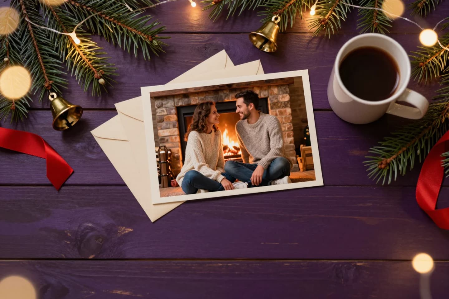 Printed photo of a couple by a fireplace on cream envelopes, with pine branches, bells and a mug