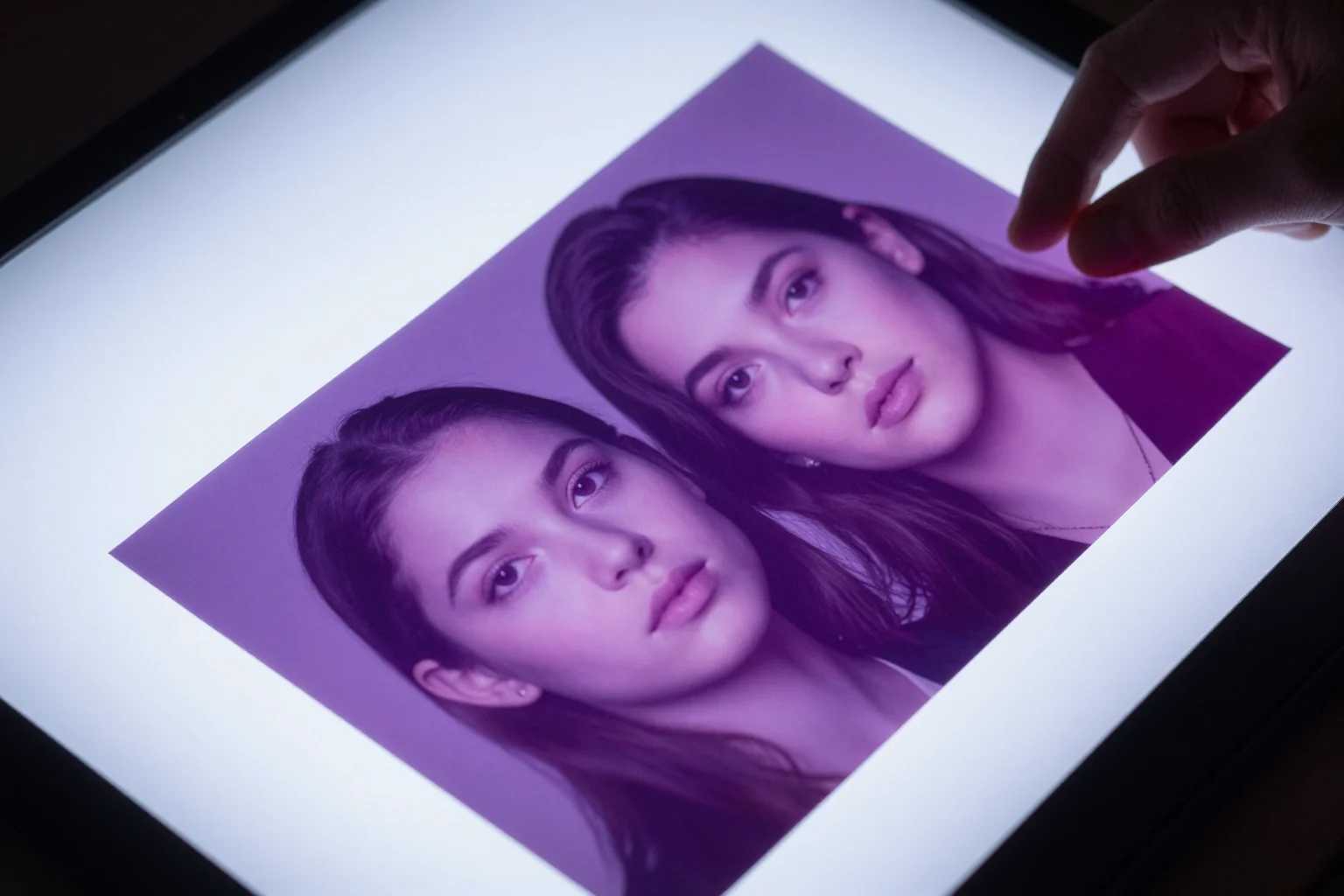 Portrait print of two young women on a backlit light table, fingertips at its edge