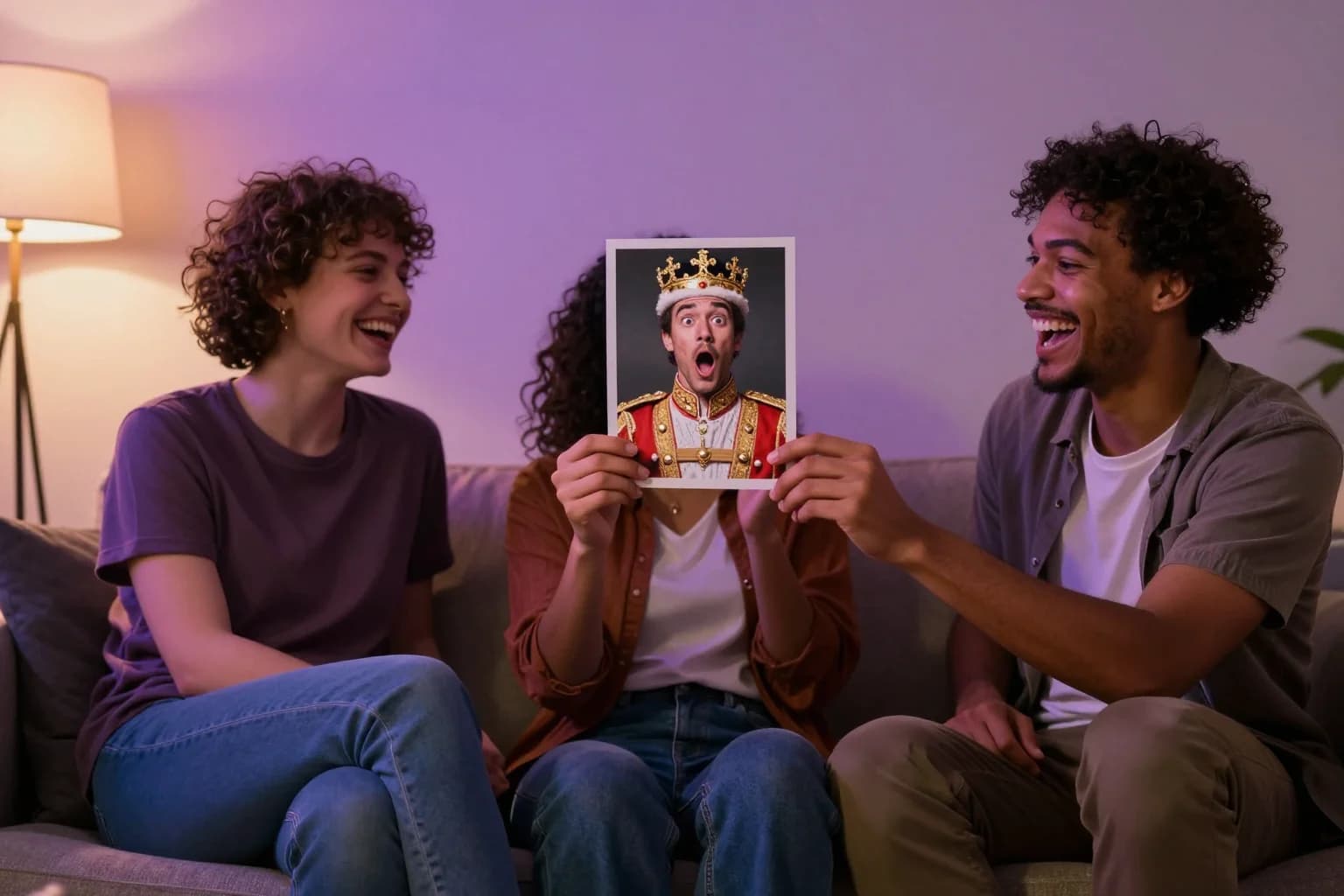 Friends on a couch laughing as one holds up a photo of a man in a crown in front of her face