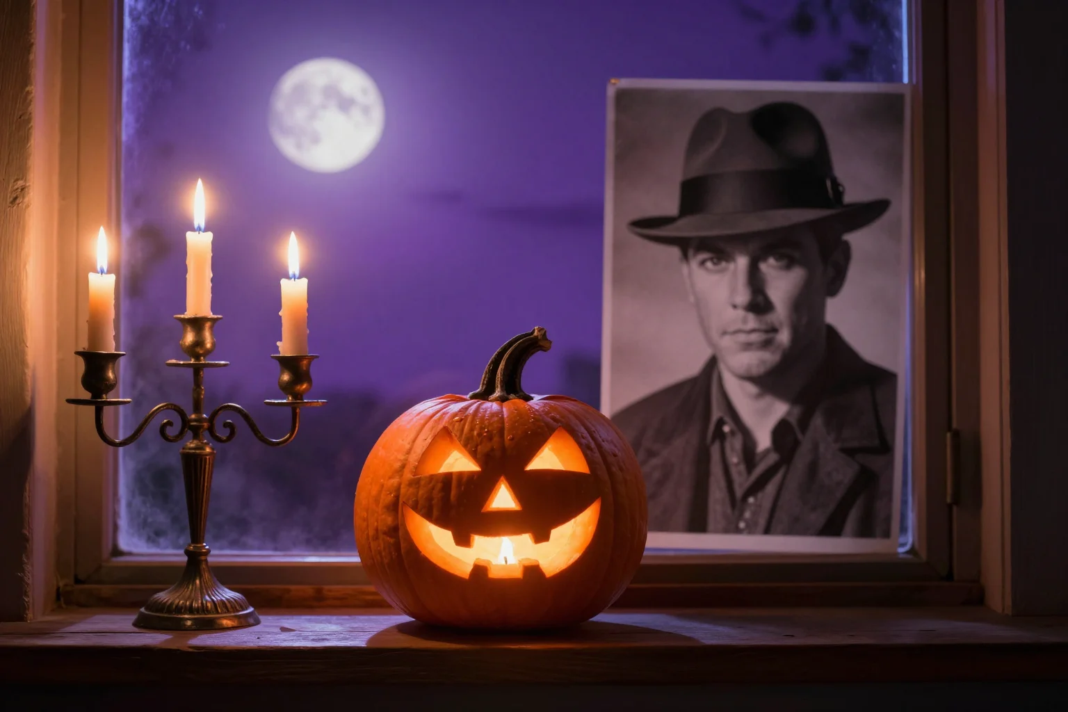 Glowing jack-o'-lantern, candelabra and a black-and-white noir portrait on a windowsill at night