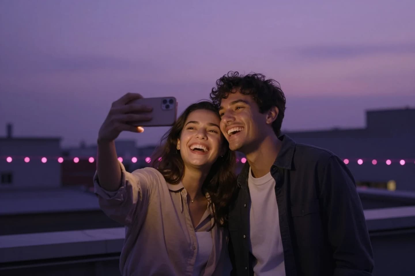 Two friends laughing cheek to cheek while taking a selfie on a rooftop at dusk