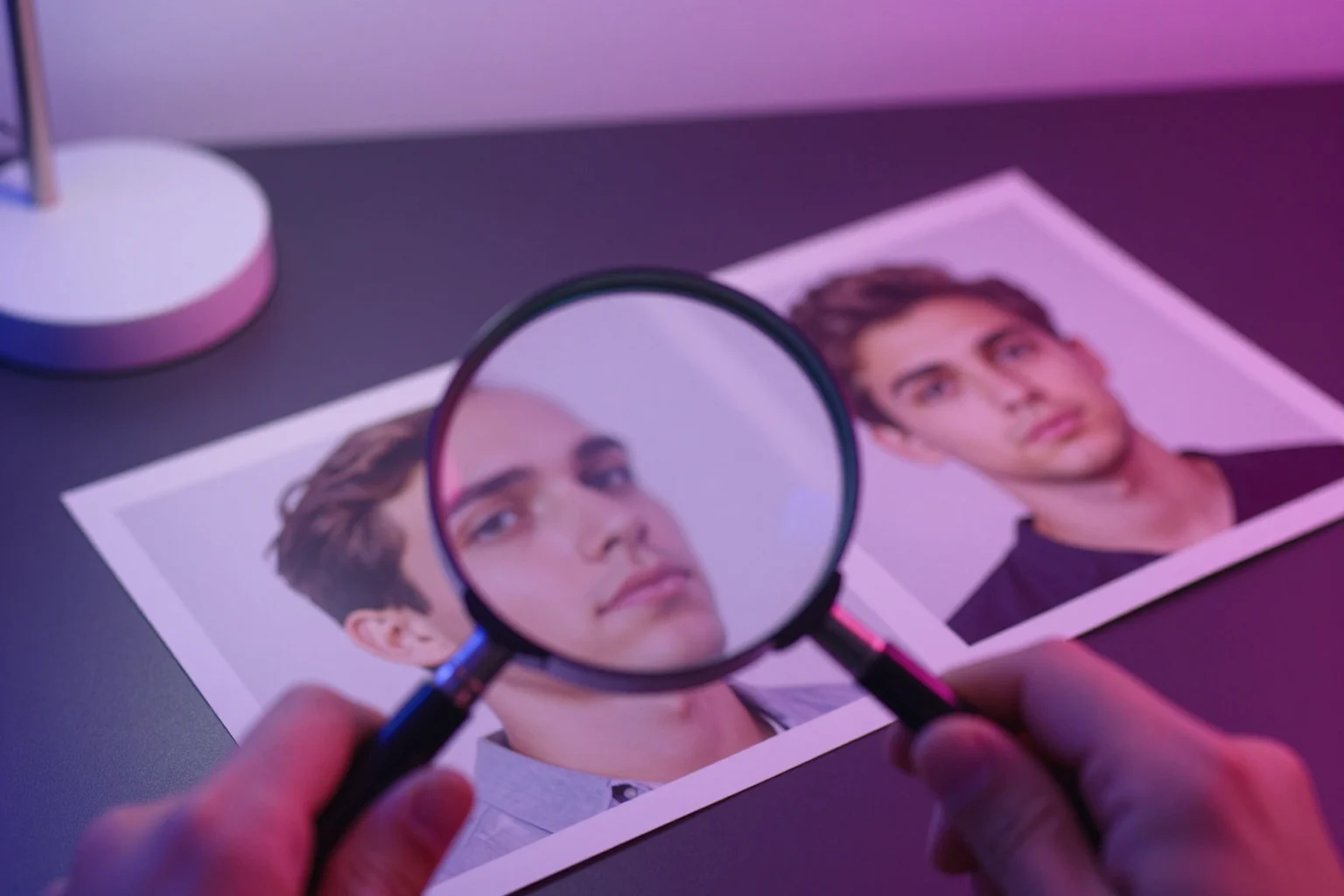 Two hands holding a magnifying glass over a printed portrait of a young man, with a second portrait print beside it on a violet desk