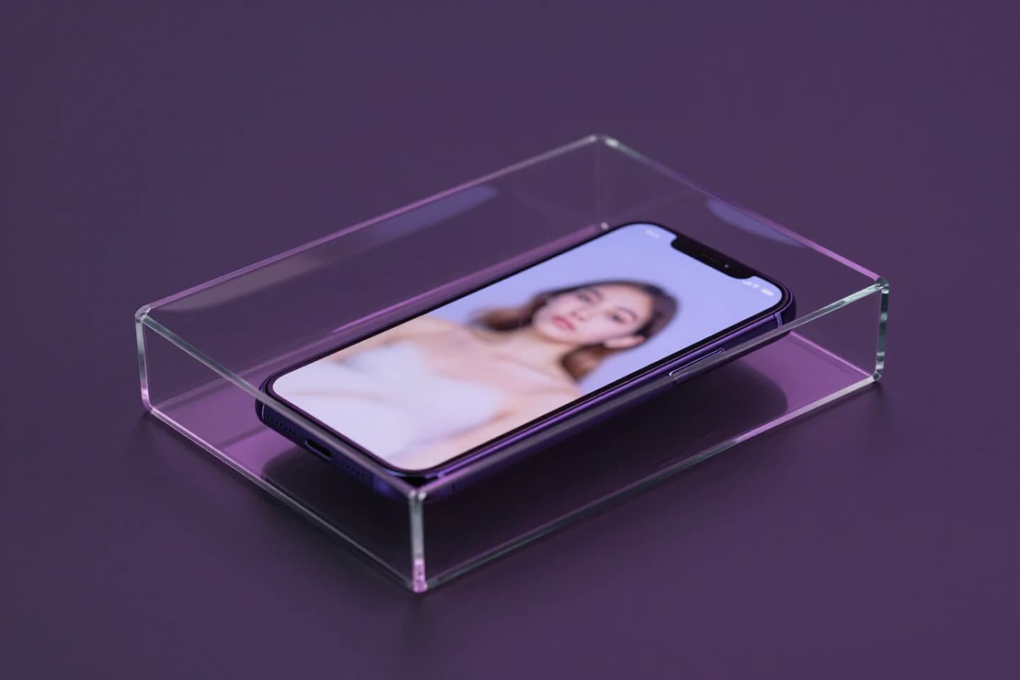 Smartphone showing a blurred portrait inside a clear glass box on a violet surface