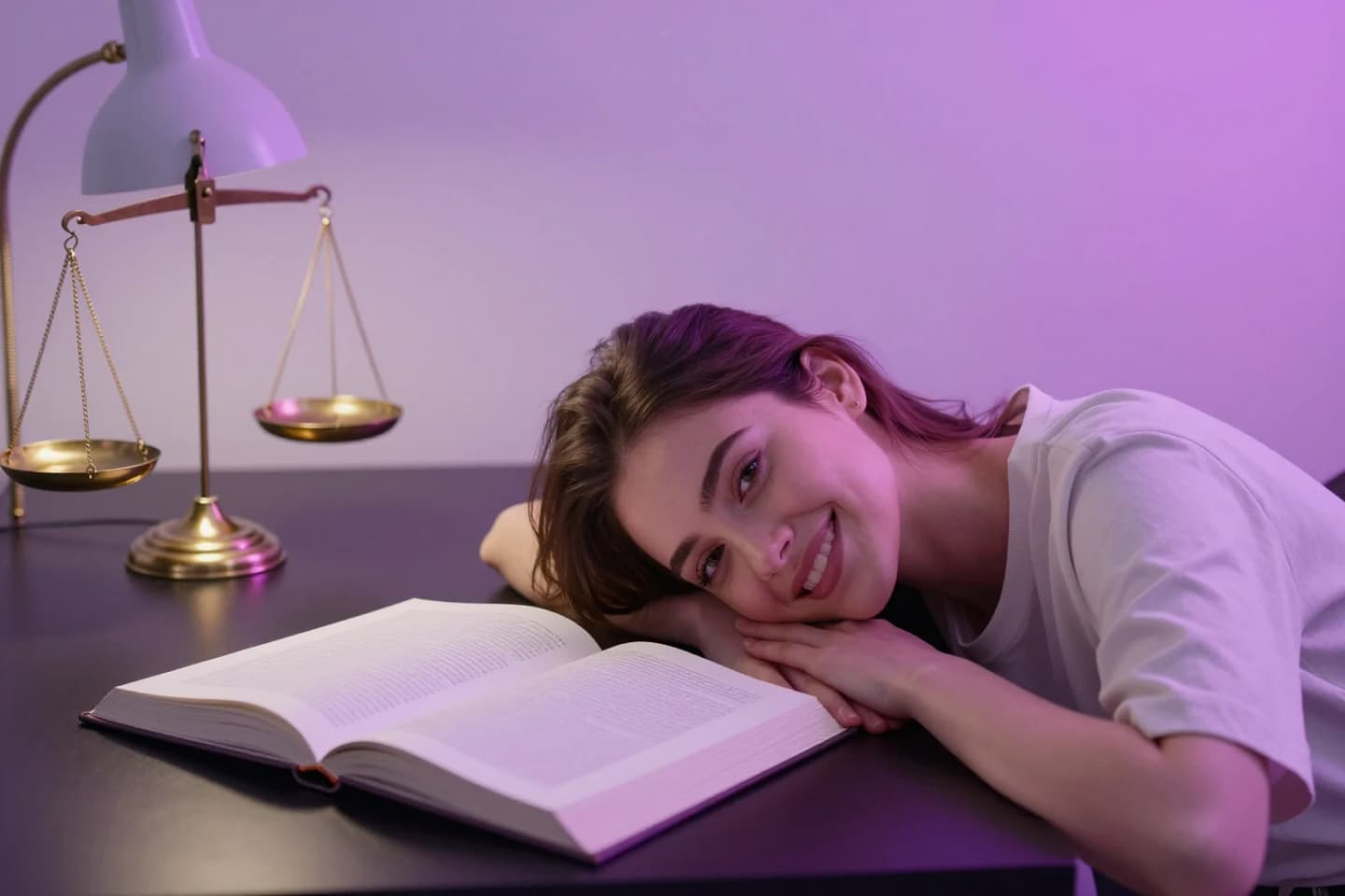 A smiling young woman resting her head on a desk beside an open book and a brass balance scale in violet light