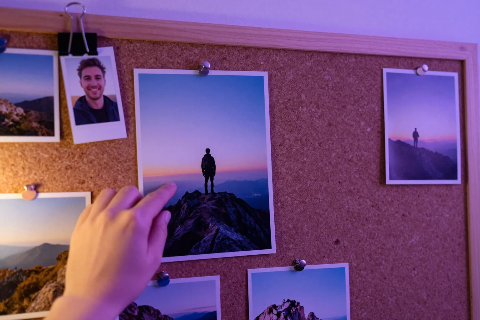 Hand pinning a mountain summit photo to a corkboard next to a clipped selfie