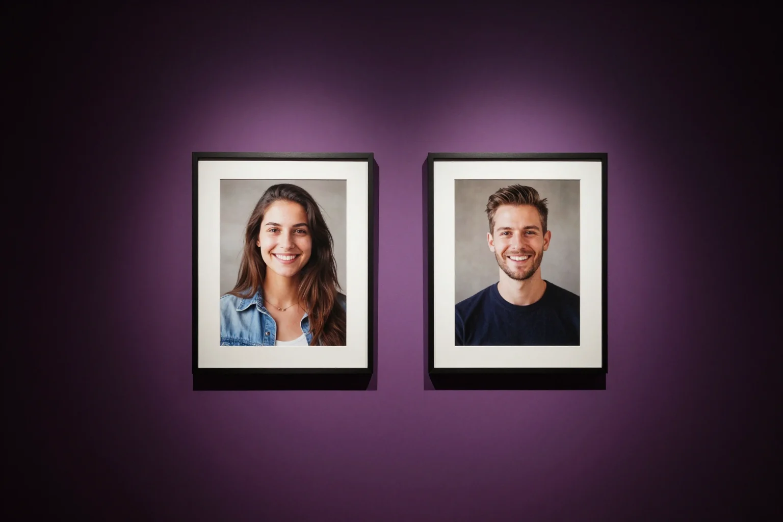 Two framed portraits of smiling friends on a dark plum wall with a lavender glow between them