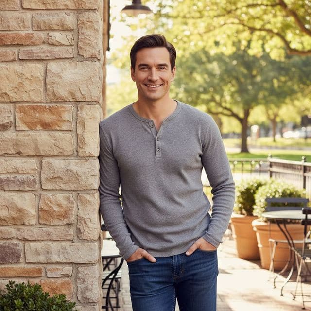 Smiling man in a gray henley outside a sunny sidewalk café