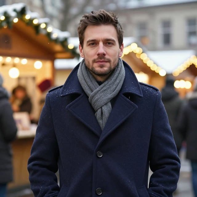 Man in a navy peacoat and gray scarf at a snowy evening Christmas market