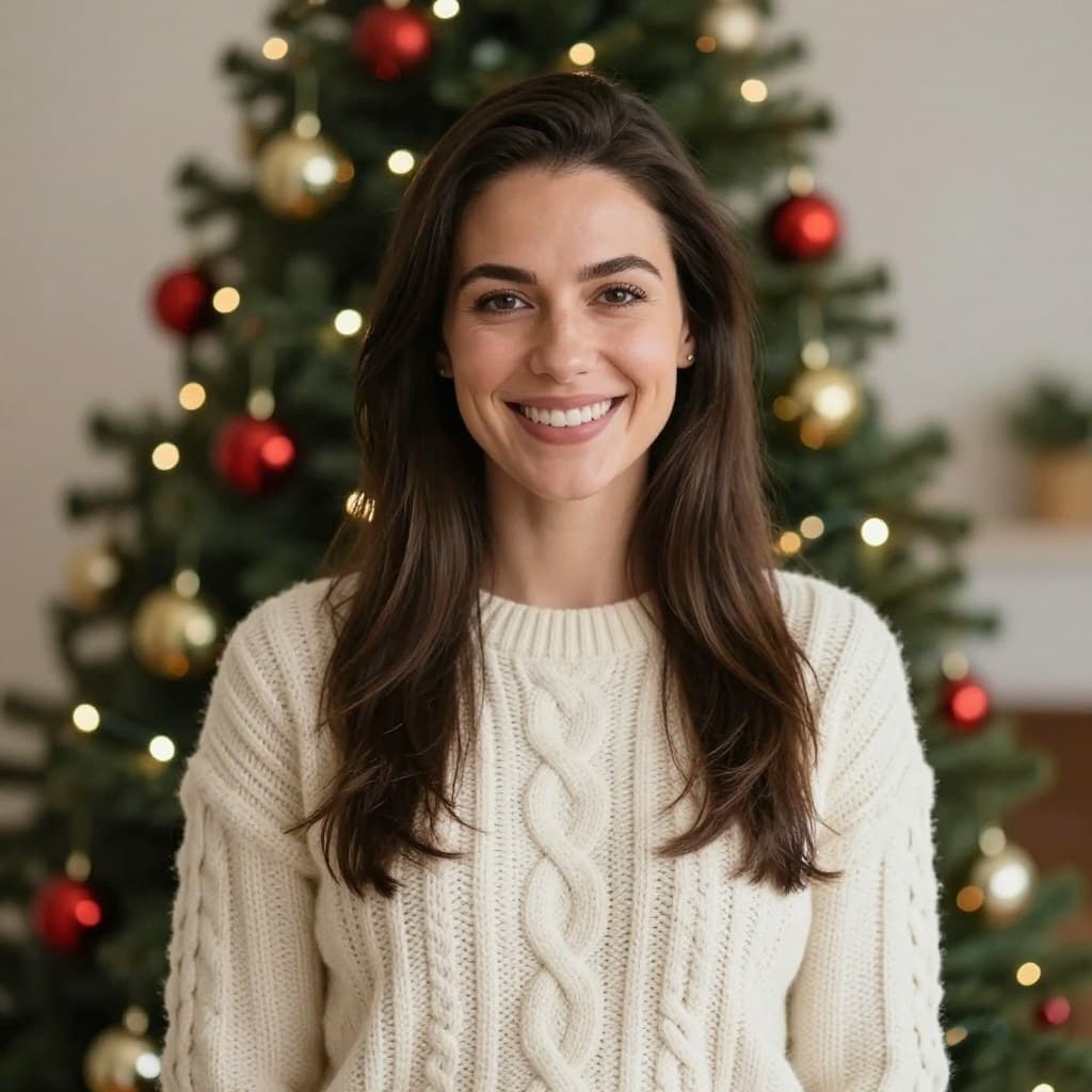 Christmas Tree (Female) face swap template: Smiling woman in a cream cable-knit sweater in front of a lit Christmas tree