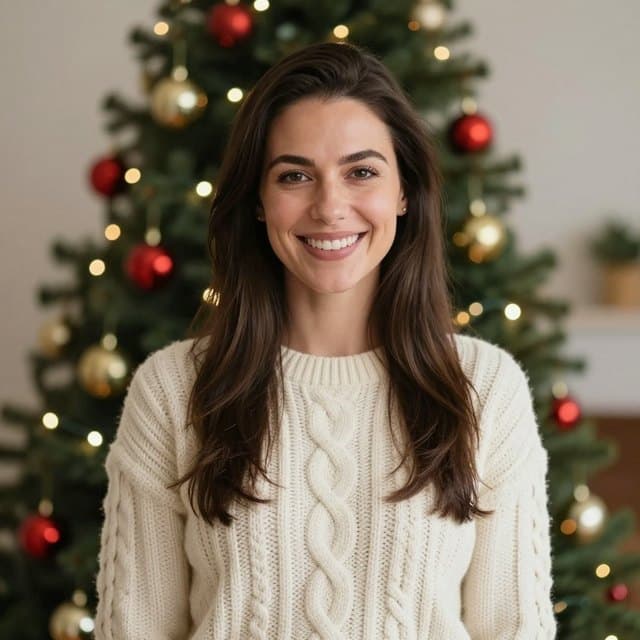 Smiling woman in a cream cable-knit sweater in front of a lit Christmas tree