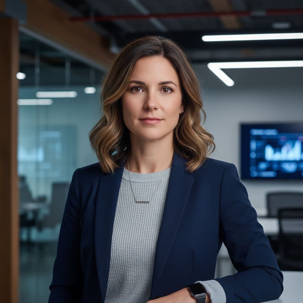 Tech Startup CEO (Female) template before the face swap: woman in a navy blazer in an open-plan tech office