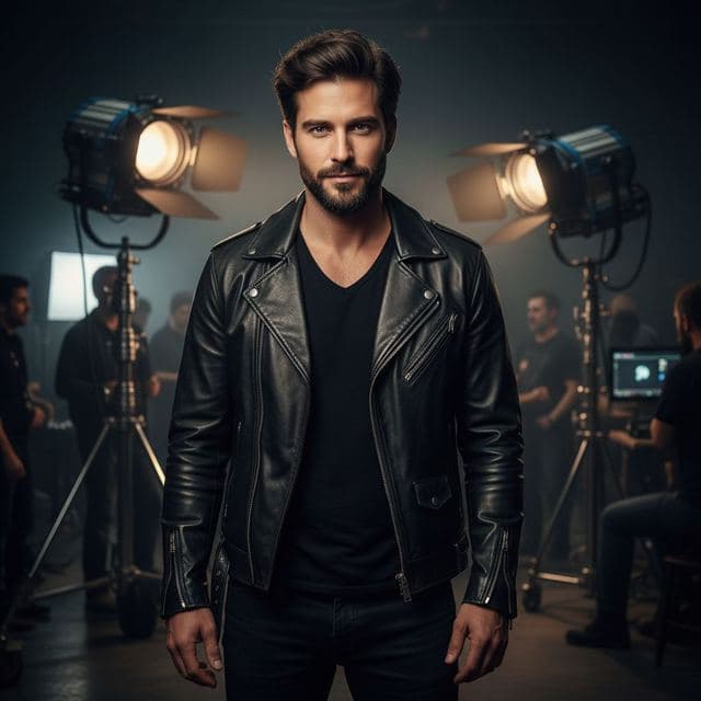 Man in a leather jacket on a film set under studio lights