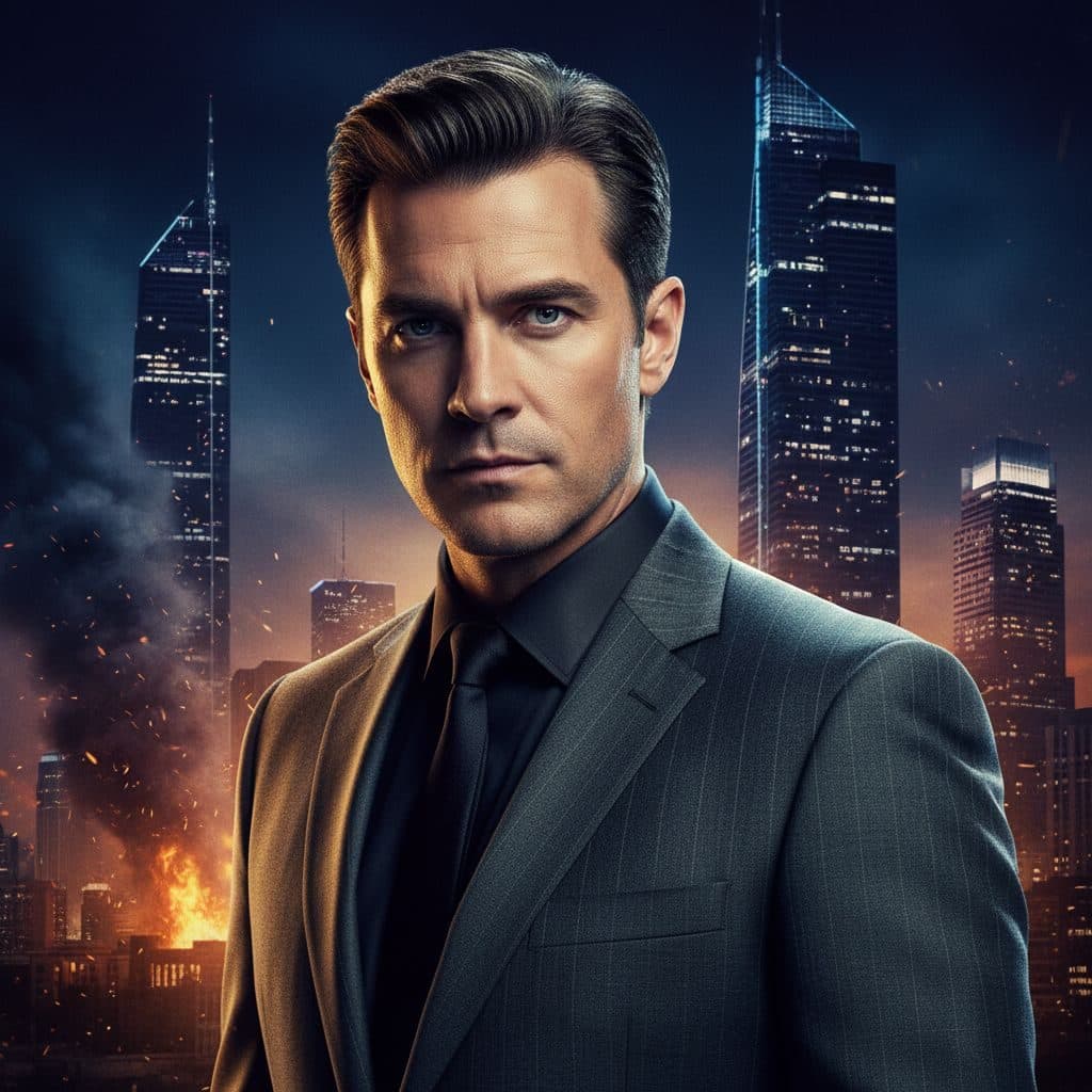 Cinematic template before the face swap: man in a suit in front of a burning city skyline at night, movie-poster style