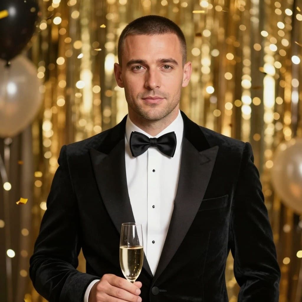 New Year's Eve Tuxedo face swap template: Man in a black velvet tuxedo and bow tie holding champagne at a New Year's Eve party