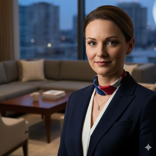 Woman in a blazer and silk scarf in a city apartment at dusk