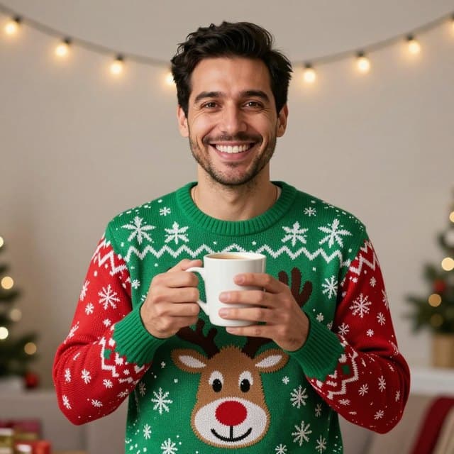 Smiling man in a green reindeer Christmas sweater holding a mug of hot cocoa