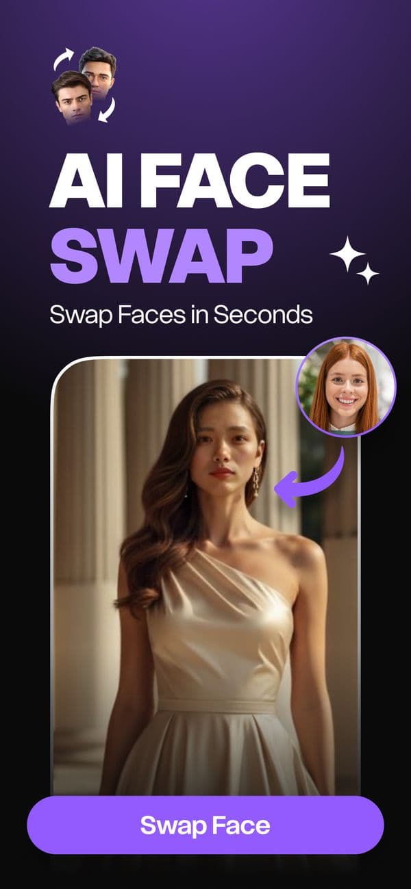 AI face swap screen: a selfie in a circle with an arrow onto a woman in a satin dress, and a Swap Face button