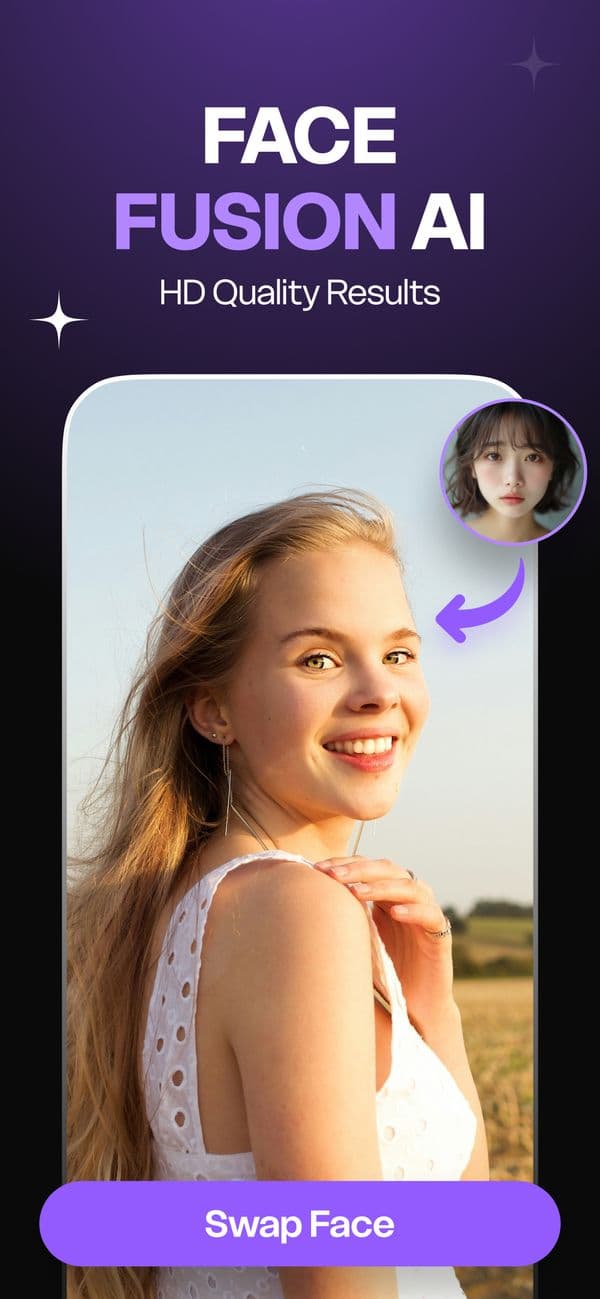 Face fusion example: a selfie being swapped onto a smiling woman in a sunny field