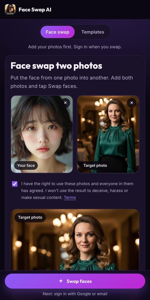Face Swap AI studio on a phone browser with Your face and Target photo boxes and a pinned Swap faces button