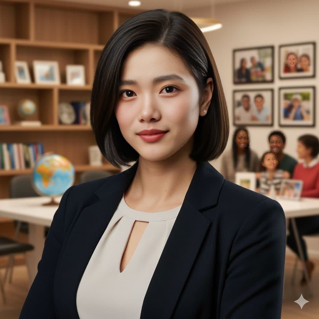 AI face swap result with the Bestselling Author (Female) template: woman in a black blazer in a bright room with shelves and framed photos, with a new face