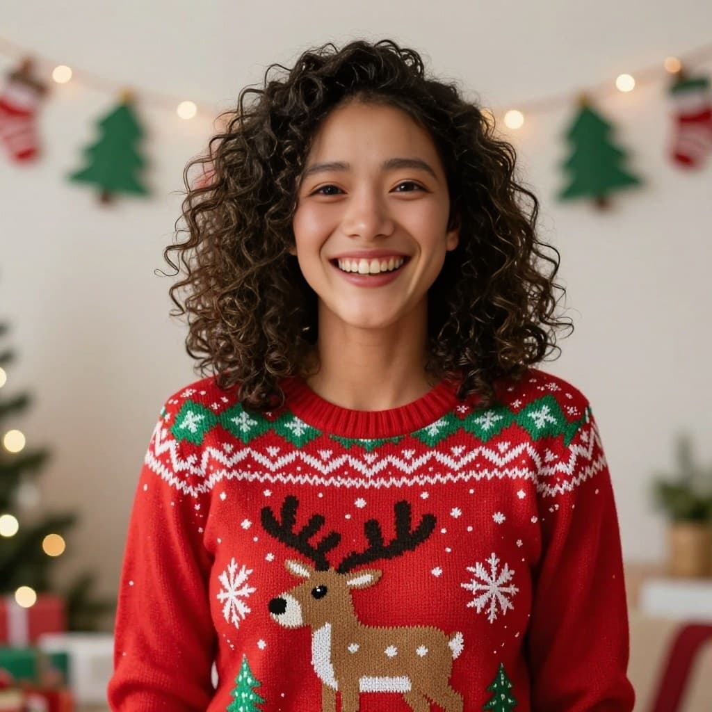 AI face swap result with the Ugly Sweater (Female) template: laughing woman with curly hair in a red reindeer Christmas sweater at a holiday party, with a new face