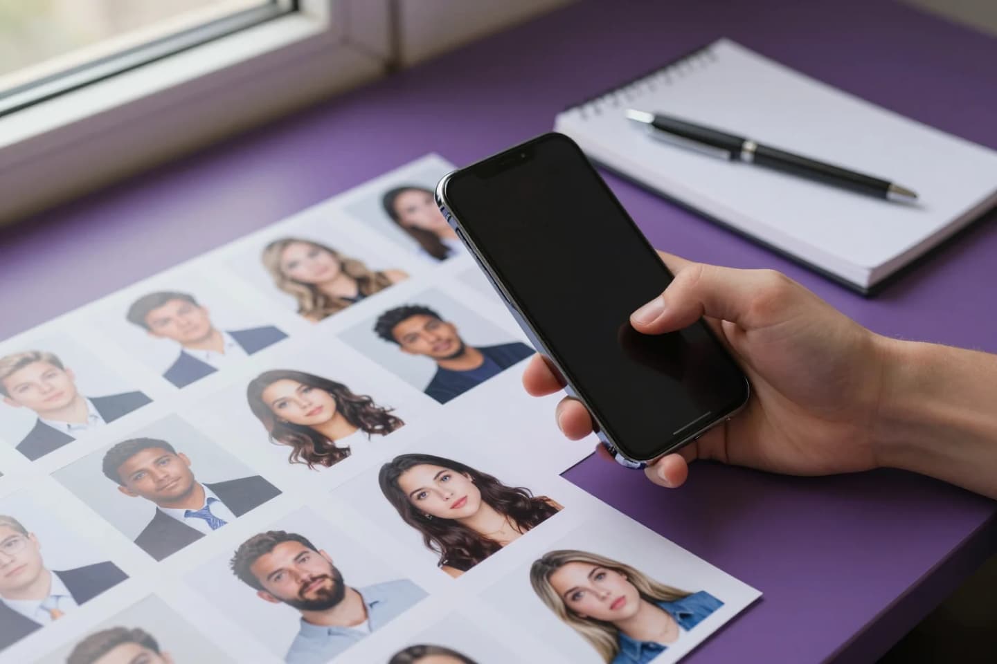 Hand holding a phone over a grid of printed portrait photos on a purple table