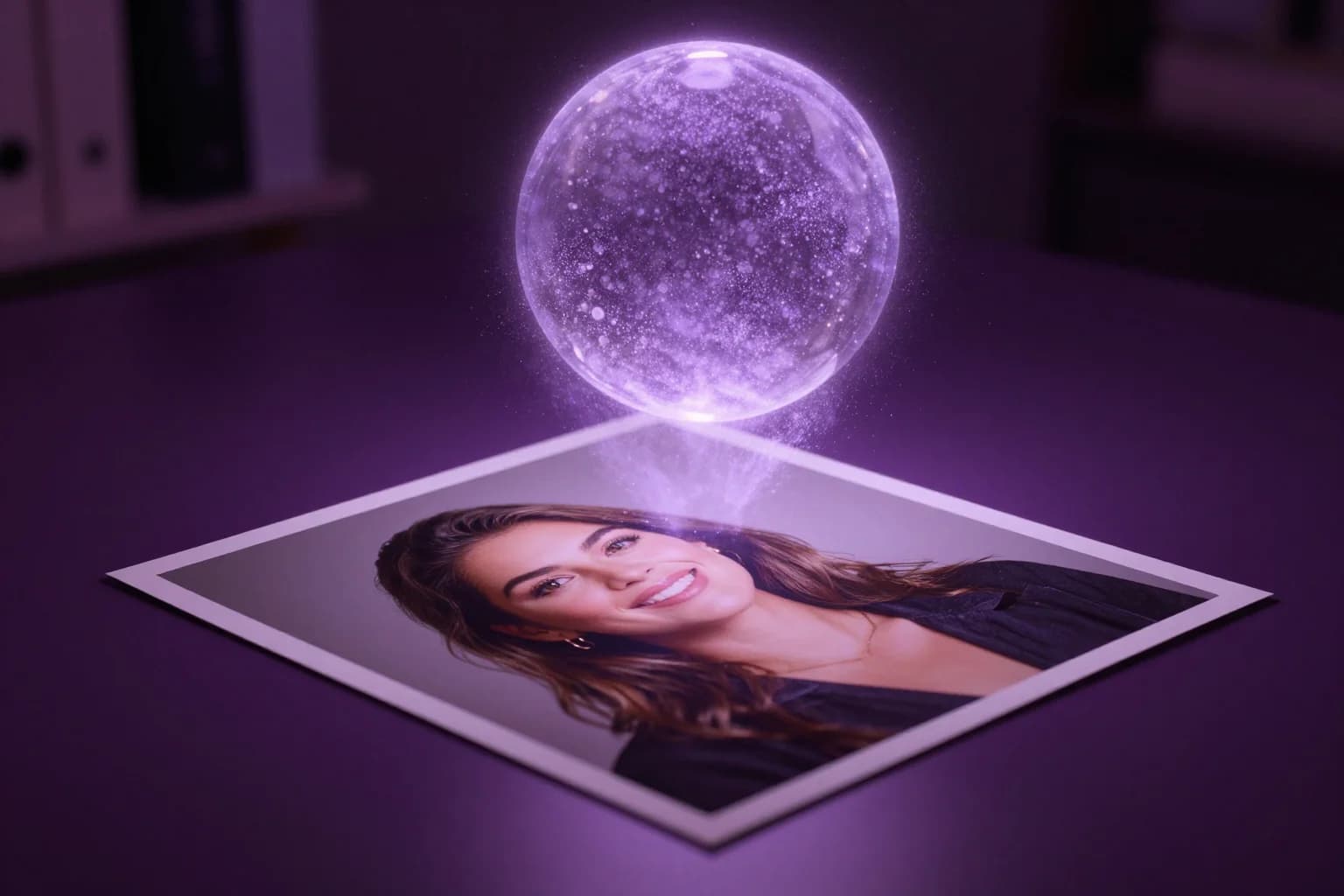 Glowing sphere of light above a printed portrait, with particles rising from the photo