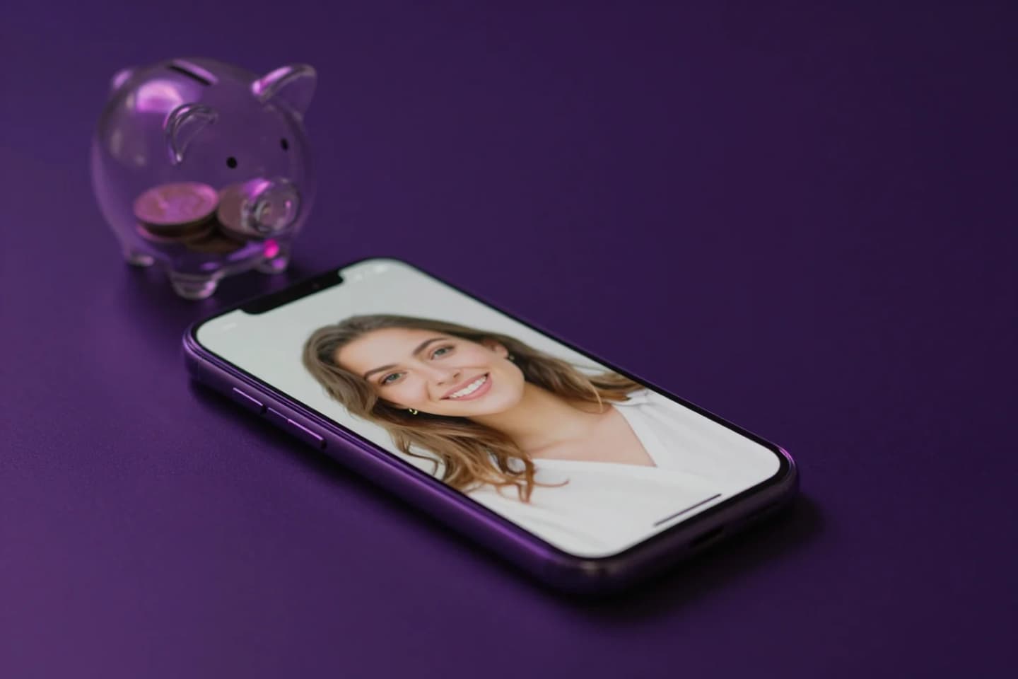 Glass piggy bank next to a smartphone showing a portrait of a smiling woman on a violet desk