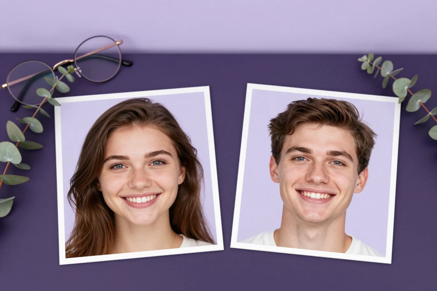Printed portraits of a smiling woman and a smiling man with the same features side by side