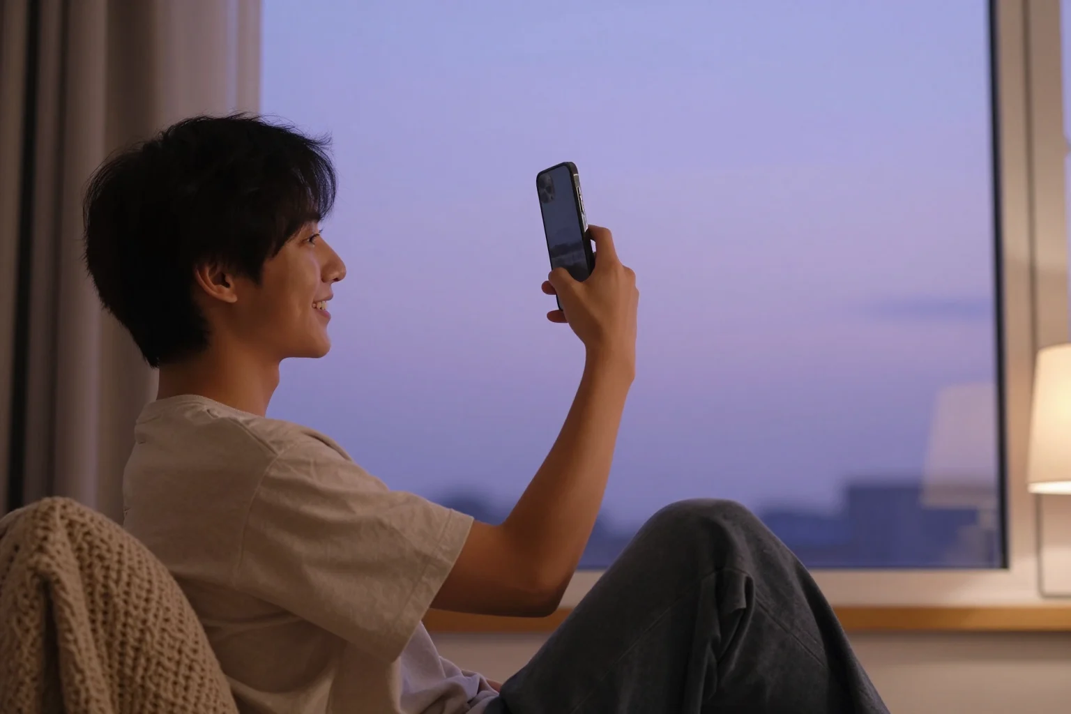 Person taking a selfie by a window at dusk with a purple sky outside