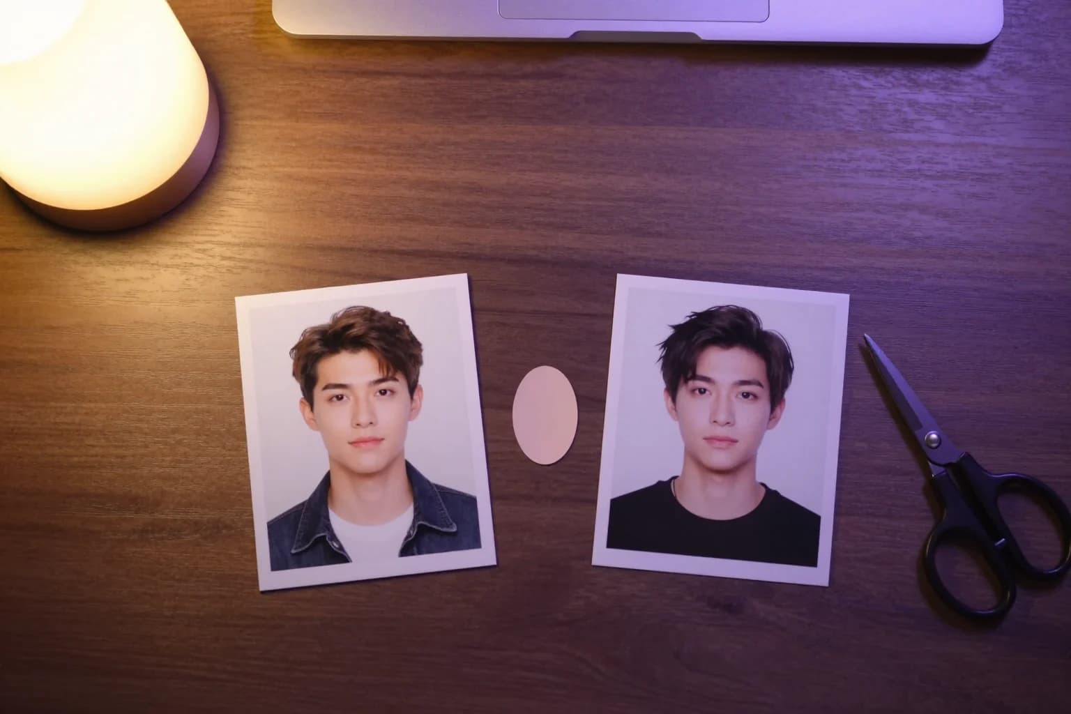 Two printed portraits of young men with an oval paper cutout between them and scissors on a dark desk