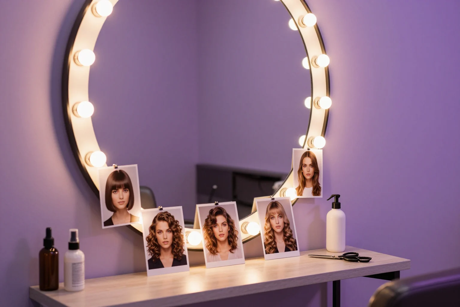 Salon mirror and counter with printed photos of different women's haircuts