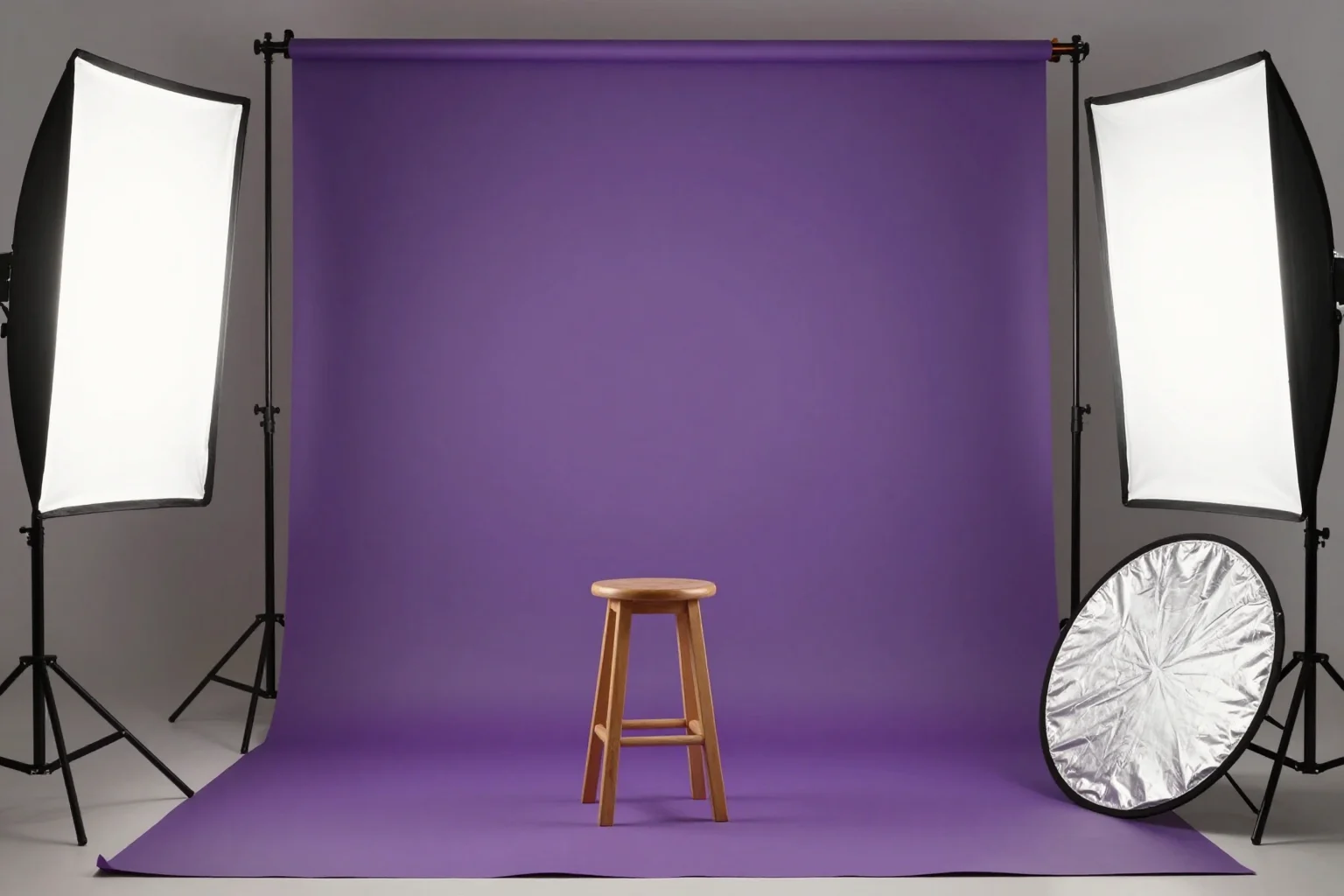 Empty portrait studio with a stool, two glowing softboxes and a violet backdrop