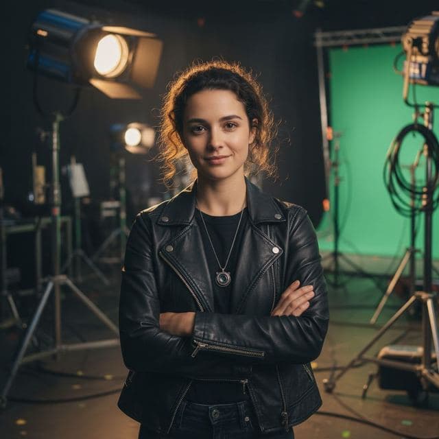 Woman in a leather jacket on a film set with studio lights and a green screen