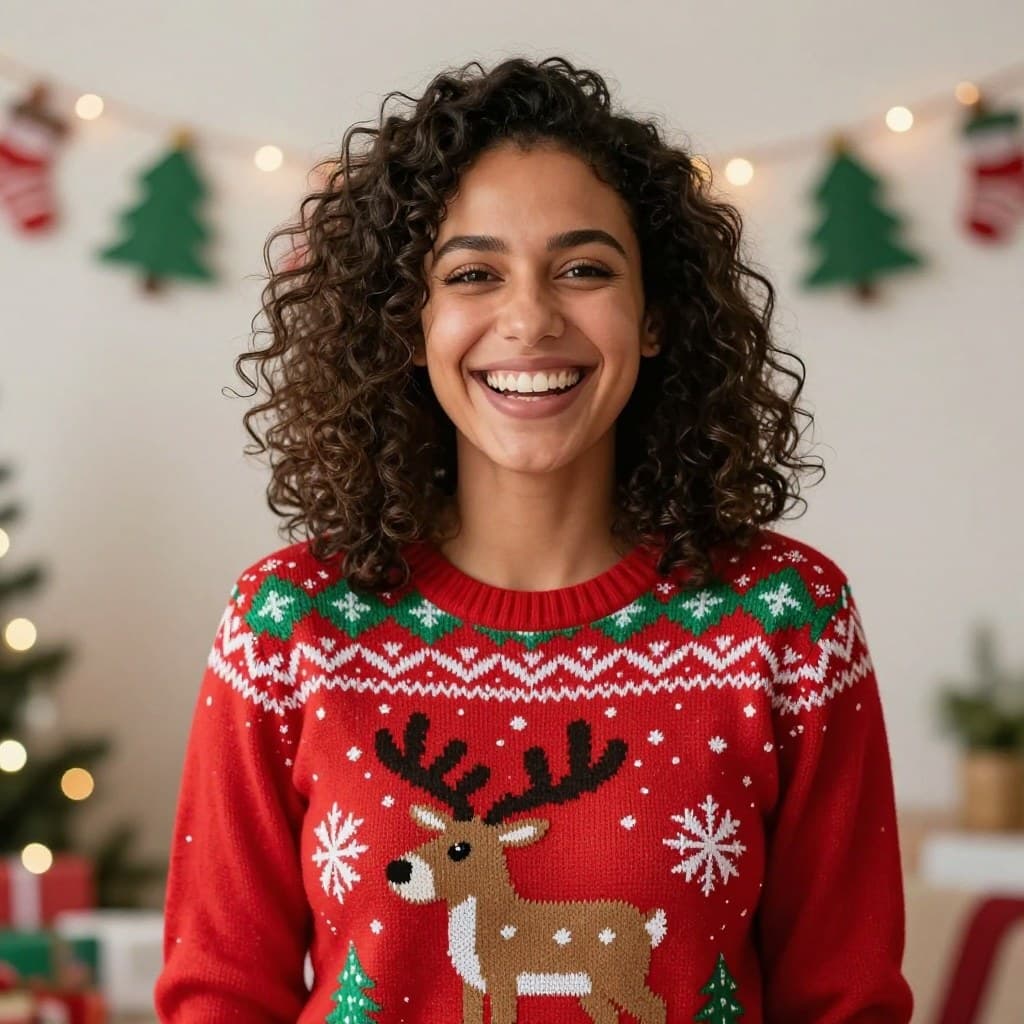 Ugly Sweater (Female) face swap template: Laughing woman with curly hair in a red reindeer Christmas sweater at a holiday party