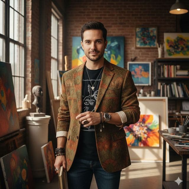 Man in a patterned blazer in a brick-walled loft full of canvases