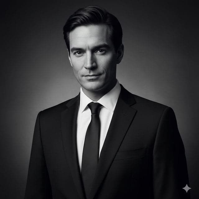 Black-and-white portrait of a man in a dark suit and tie
